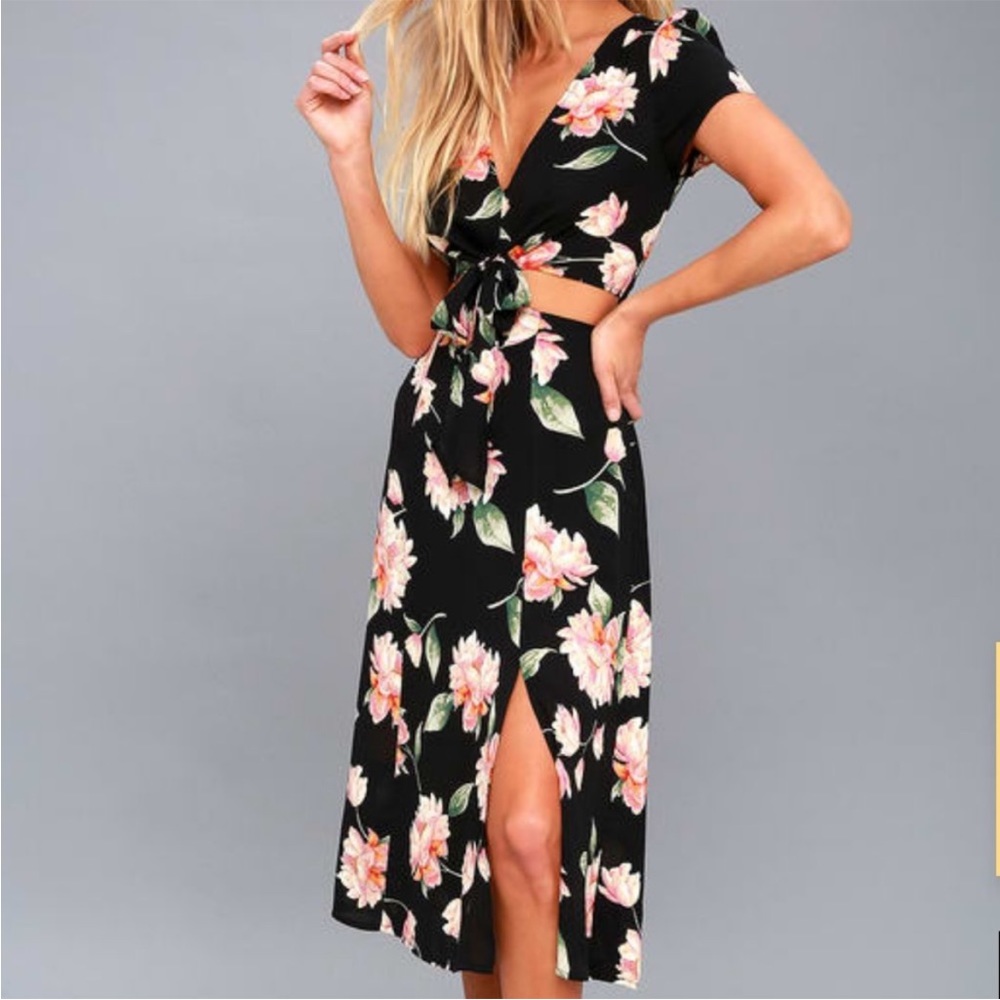 Lulus Aliso Black Floral Print Cutout Midi Dress